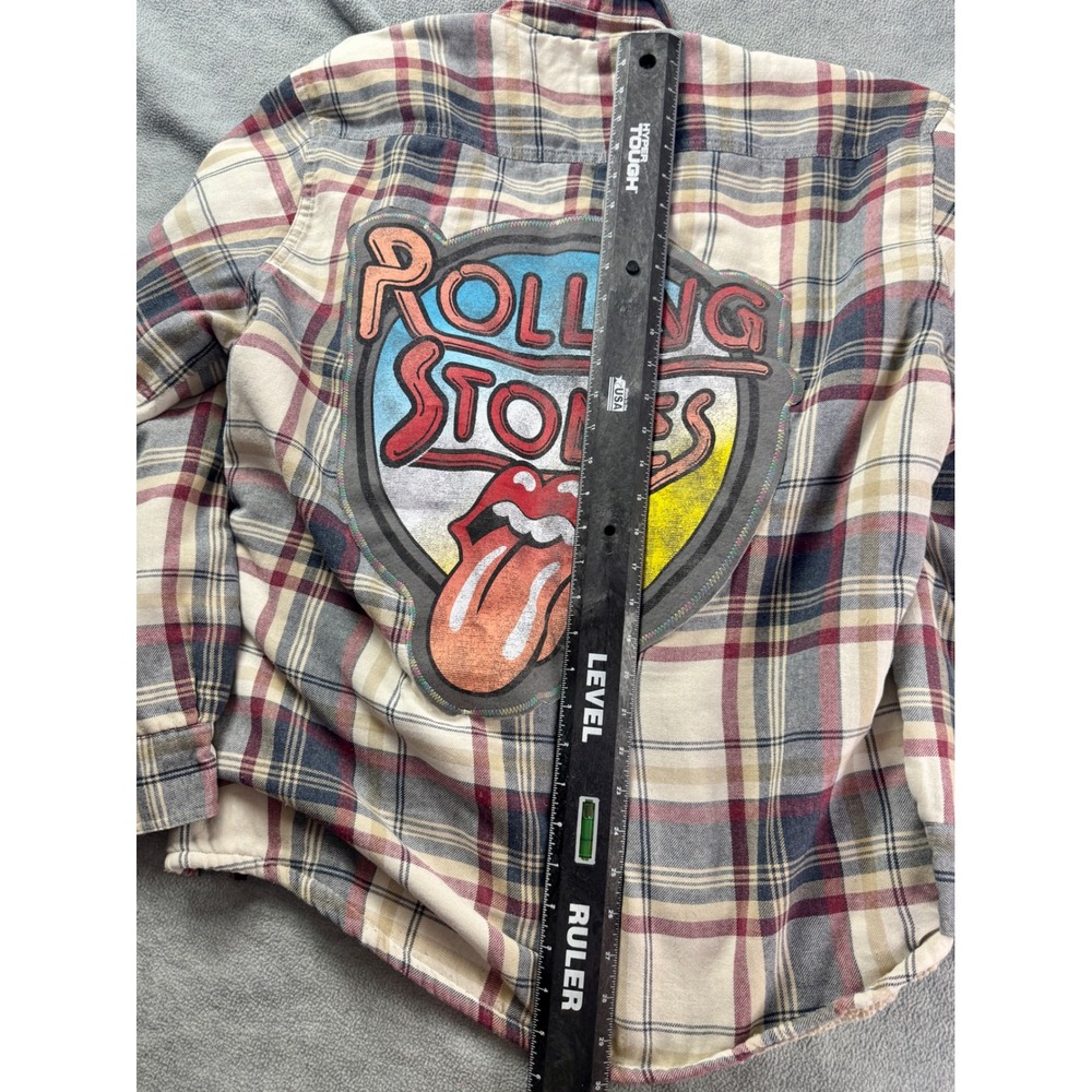 Upcycle Rolling Stones Sherpa Lined Flannel Shirt Jacket Plaid Men XL Cream Red - Picture 7 of 9